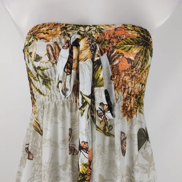 Women's Dress Size Med Cream Orange Butterflies Shirring Maxi High Low Hem Bow - Picture 3 of 10